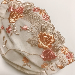 Rose×beige orange  刺繍レース　布マスク　プリーツマスク　ワイヤー入り　マスク　ノーズワイヤー 2枚目の画像