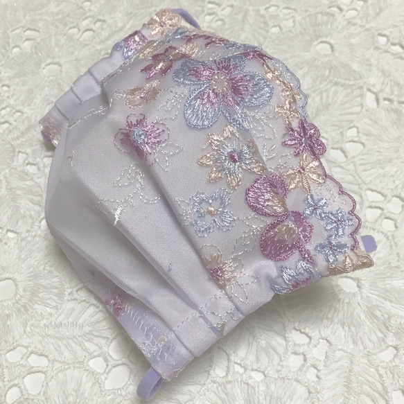 purple flower 刺繍レース　布マスク　プリーツマスク　ワイヤー入り　マスク　ノーズワイヤー 4枚目の画像