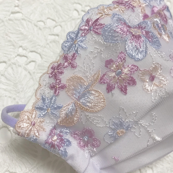 purple flower 刺繍レース　布マスク　プリーツマスク　ワイヤー入り　マスク　ノーズワイヤー 5枚目の画像
