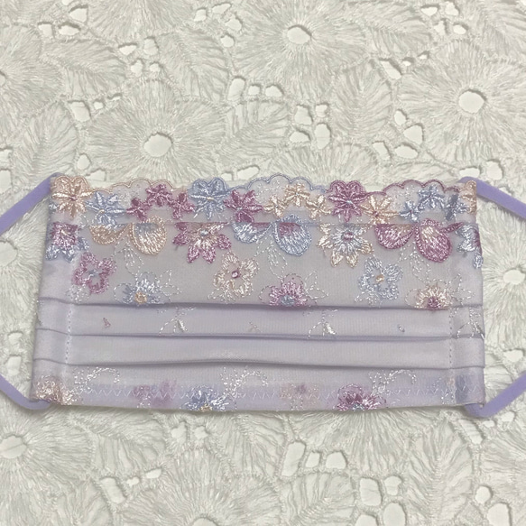 purple flower 刺繍レース　布マスク　プリーツマスク　ワイヤー入り　マスク　ノーズワイヤー 7枚目の画像