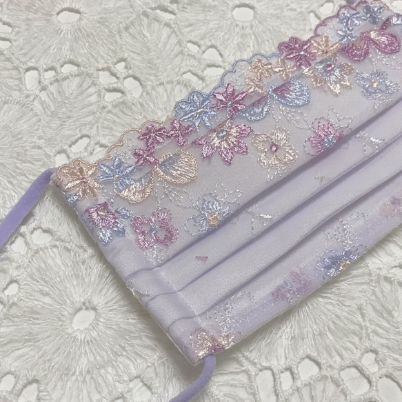 purple flower 刺繍レース　布マスク　プリーツマスク　ワイヤー入り　マスク　ノーズワイヤー 8枚目の画像