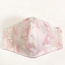 マスク　チュール刺繍レース・ピンク　立体マスク　レース　夏マスク 1枚目の画像