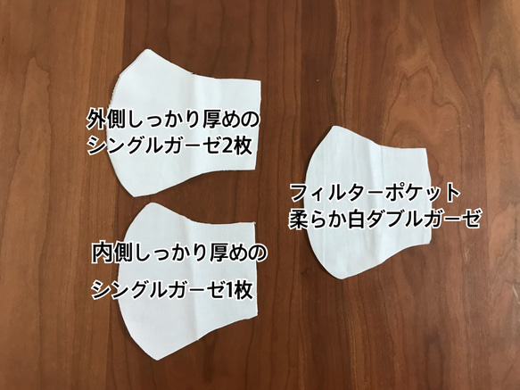 メンズサイズ【国産白地ダブルガーゼ】全部真っ白立体マスク♡ ♡♡（フィルターポケット付き） 4枚目の画像