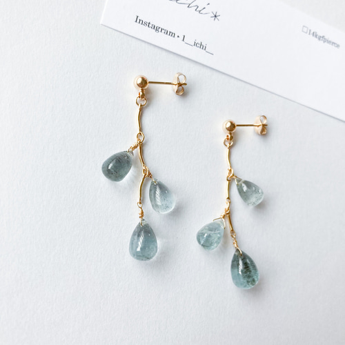天然石 14kgf モスアクアマリン スムースドロップ ピアス ピアス