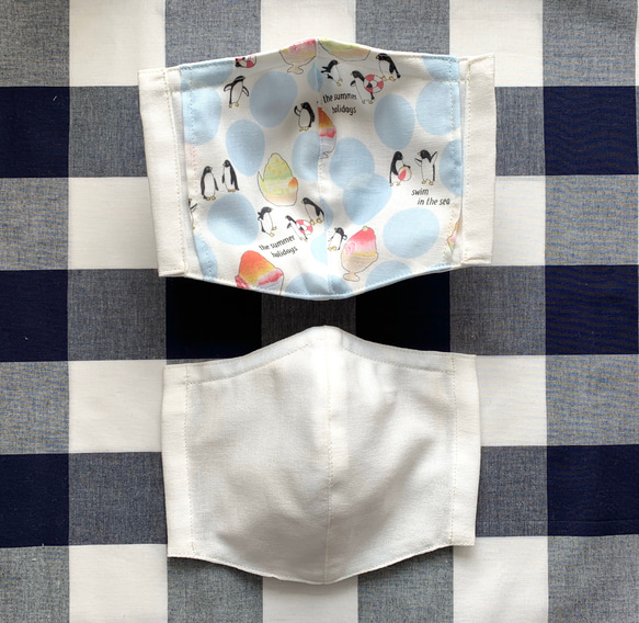 【夏マスク　受注生産】立体マスク　フィルターポケット付　L 普通　1枚入　白×白ペンギン 2枚目の画像