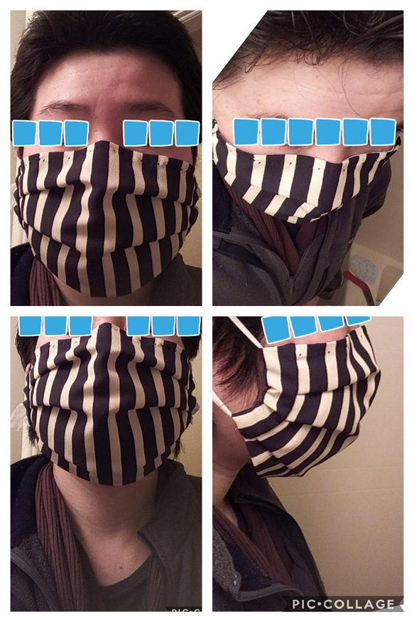大人 プリーツ マスク 着物 リメイク ガーゼ ワイヤー ポケット ストライプ モノトーン B 5枚目の画像