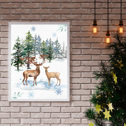 《超早割2022》クリスマスポスター　森の冬景色　鹿のつがい / i0361 / 冬の森　雪景色が広がる風景　動物 5枚目の画像