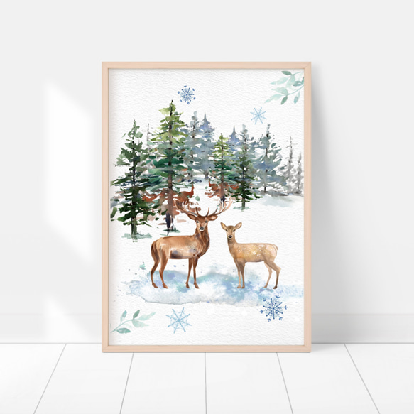 《超早割2022》クリスマスポスター　森の冬景色　鹿のつがい / i0361 / 冬の森　雪景色が広がる風景　動物 7枚目の画像
