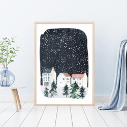 《超早割2022》クリスマスポスター　雪の街 / i0415 / 冬の夜　家や賑わう人々　森やオーロラなどの冬景色 6枚目の画像