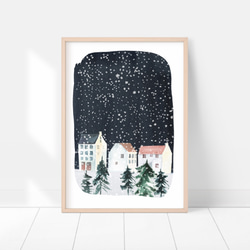 《超早割2022》クリスマスポスター　雪の街 / i0415 / 冬の夜　家や賑わう人々　森やオーロラなどの冬景色 7枚目の画像
