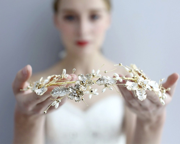 14KGPヘアアクセサリー ホワイトフラワーリーフ ウェディングヘッドドレス 花冠 小枝 3枚目の画像