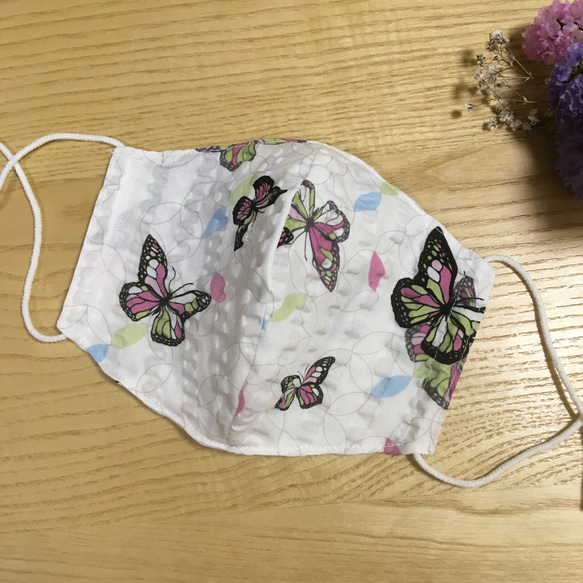 【L-106】浴衣マスクL  3枚以上送料無料　5枚以上で1枚プレゼント　蝶々柄ピンク　夏マスク 2枚目の画像