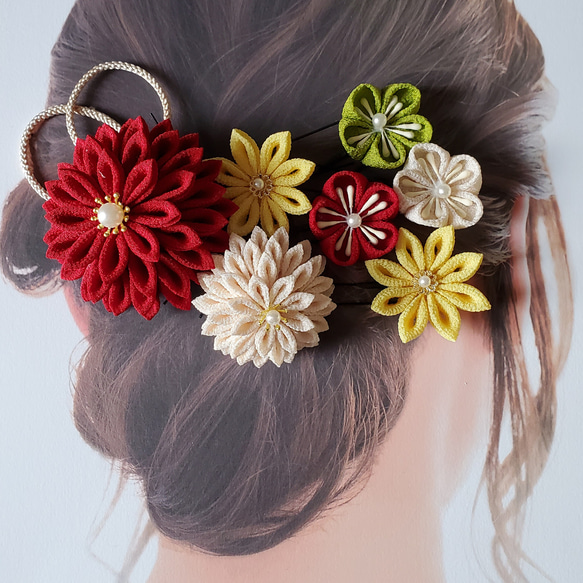 えんじ つまみ細工髪飾り 成人式 卒業式 結婚式 七五三 着物 振袖 打掛  