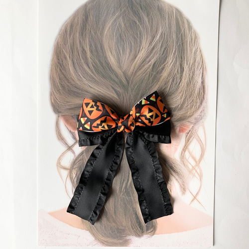 ダブルビッグリボン ハロウィン 大カボチャ×黒フリル リボンヘア