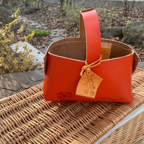 本革！ボタニカルレザーの工具入れ お裁縫箱 ガーデニング かごバッグ  