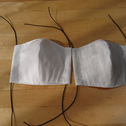 ハンドメイドマスク　幼児用　ポケット付きタイプ　洗い替え2枚セット　ストライプグレー/ホワイト 1枚目の画像