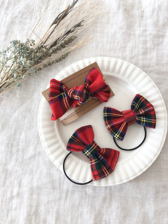 冬 赤 緑チェック柄 ベビーヘアバンド ヘアゴム リボン 赤 クリスマス