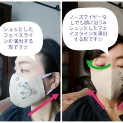 リネンの立体マスク☆シュッと小顔☆手刺繍　（紫陽花、水色） 4枚目の画像