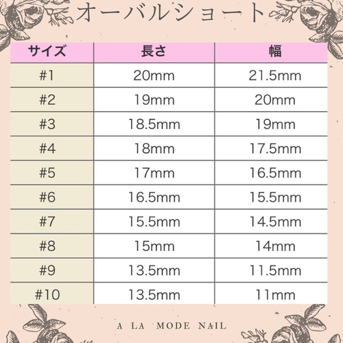 ネイルチップサイズ表 ネイルチップ（つけ爪） A la mode nail