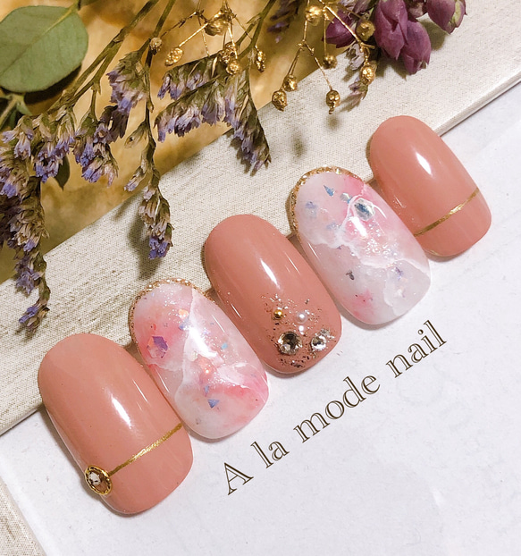 ジェルネイルシール ピンクページュ ラメ 大理石 石 デート p-zx3290main.jpg