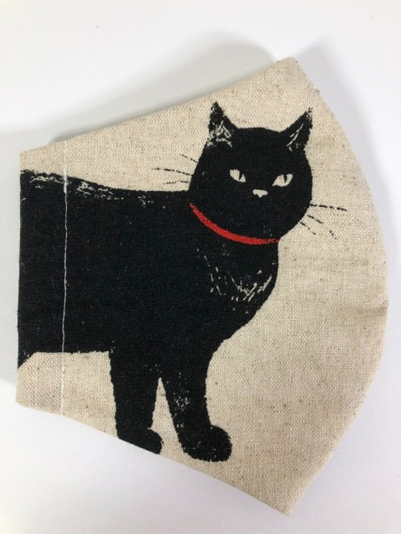 Creema限定  猫 立体 マスク  内側Wガーゼ (1228)  黒猫   コットンリネン 1枚目の画像