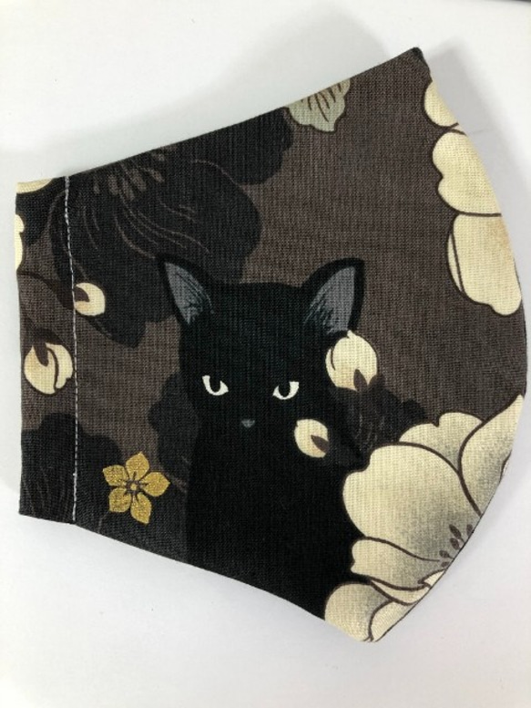 Creema限定  ネコ 大判 マスク  猫 花 綿100 (1288)  内側Wガーゼ くろねこ 2枚目の画像