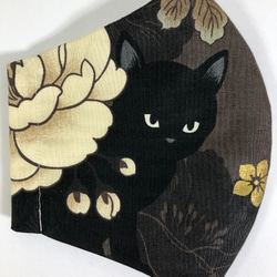 【SALE 半額】Creema限定  ネコ 大判 マスク  猫 花 綿100 (1311)  内側Wガーゼ くろねこ 2枚目の画像