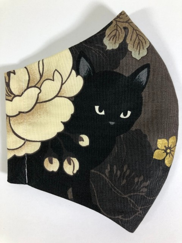 【SALE 半額】Creema限定  ネコ 大判 マスク  猫 花 綿100 (1311)  内側Wガーゼ くろねこ 2枚目の画像