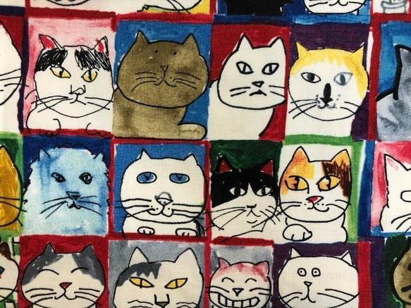 【SALE】猫　デザイナーズ  マスク付  ぺたんこ巾着  28×32　レッド系 7枚目の画像