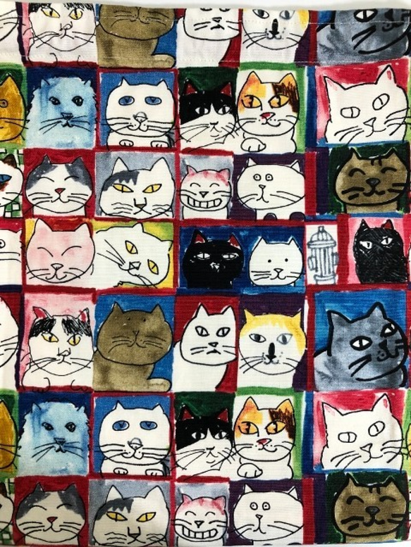 【SALE】猫　デザイナーズ  マスク付  ぺたんこ巾着  28×32　レッド系 8枚目の画像