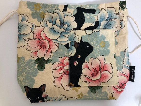 訳  SALE　猫 巾着  27cm×24cm×9cm　黒猫 2枚目の画像