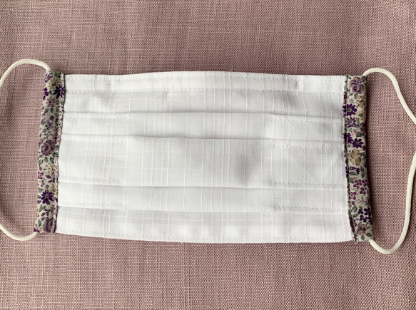 【受注製作】夏マスク　格子柄　プリーツ　紫花 3枚目の画像