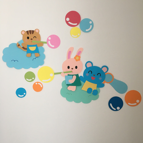 壁面飾り〉〈保育〉〈春夏〉動物たちのシャボン玉遊び♡ 雑貨・その他