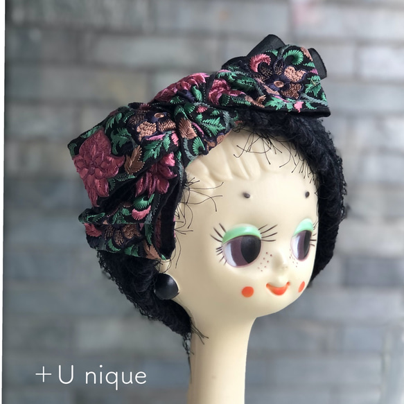 ニットと刺繍リボンと畳縁の異素材mix▶︎リボンヘアターバン◀︎T-09 1枚目の画像