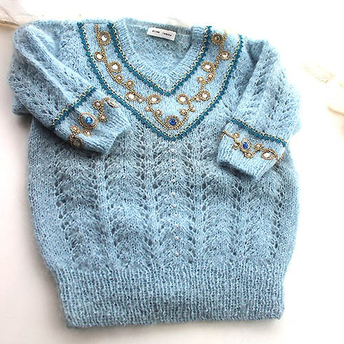 ビンテージ 70s 手編 ビーズ パール 刺繍 モヘア100 ニット 希少 美品 水色モヘアのビーズ刺繍 手編みセーター 八分袖 ニット・セーター