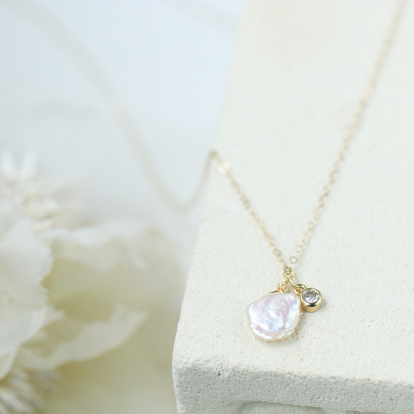 6月誕生石日系輕珠寶。優雅單鑽巴洛克珍珠 14KGF極細項鍊 鎖骨鍊 第3張的照片