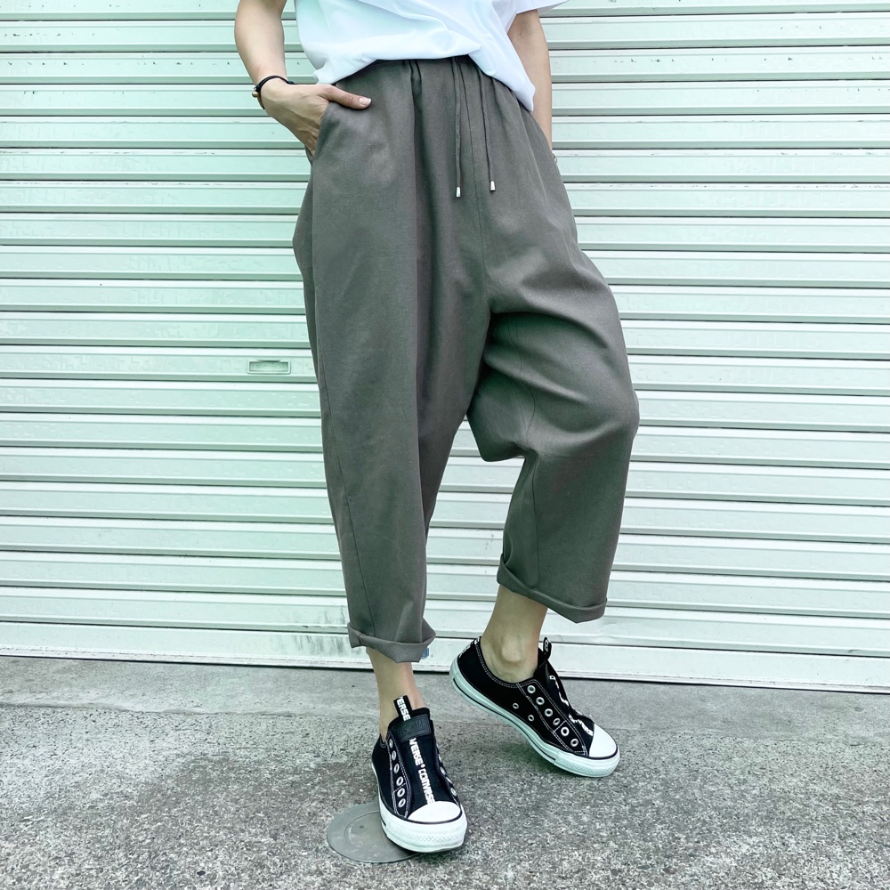 大人かわいい上質リネン100％のサルエルイージーパンツ（カーキ）21021【新作再販】