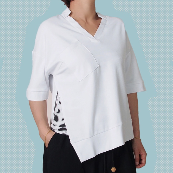 【新作再販】スタンドカラーの半袖カットソーTシャツ（ホワイト）16002WHF 2枚目の画像