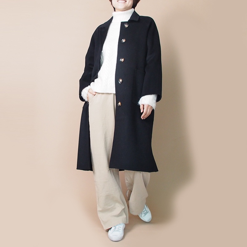 【数量限定再販】リバーシブル生地ウール100のレトロ ロングコート（ブラック）21032BKF