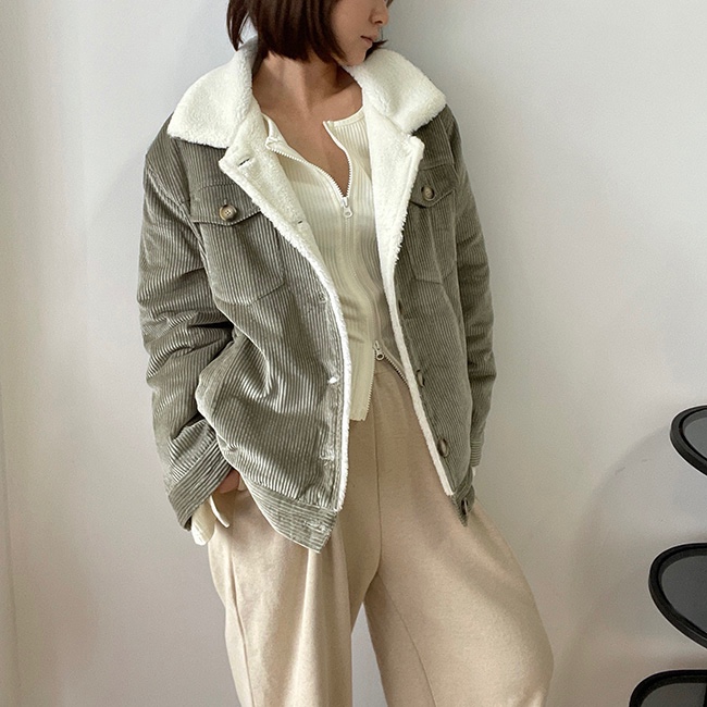 20回以上再販今なら即納♪軽くて暖かいイージーケア/ユニセックス/コーデュロイボアジャケット(グレーグリーン)21018