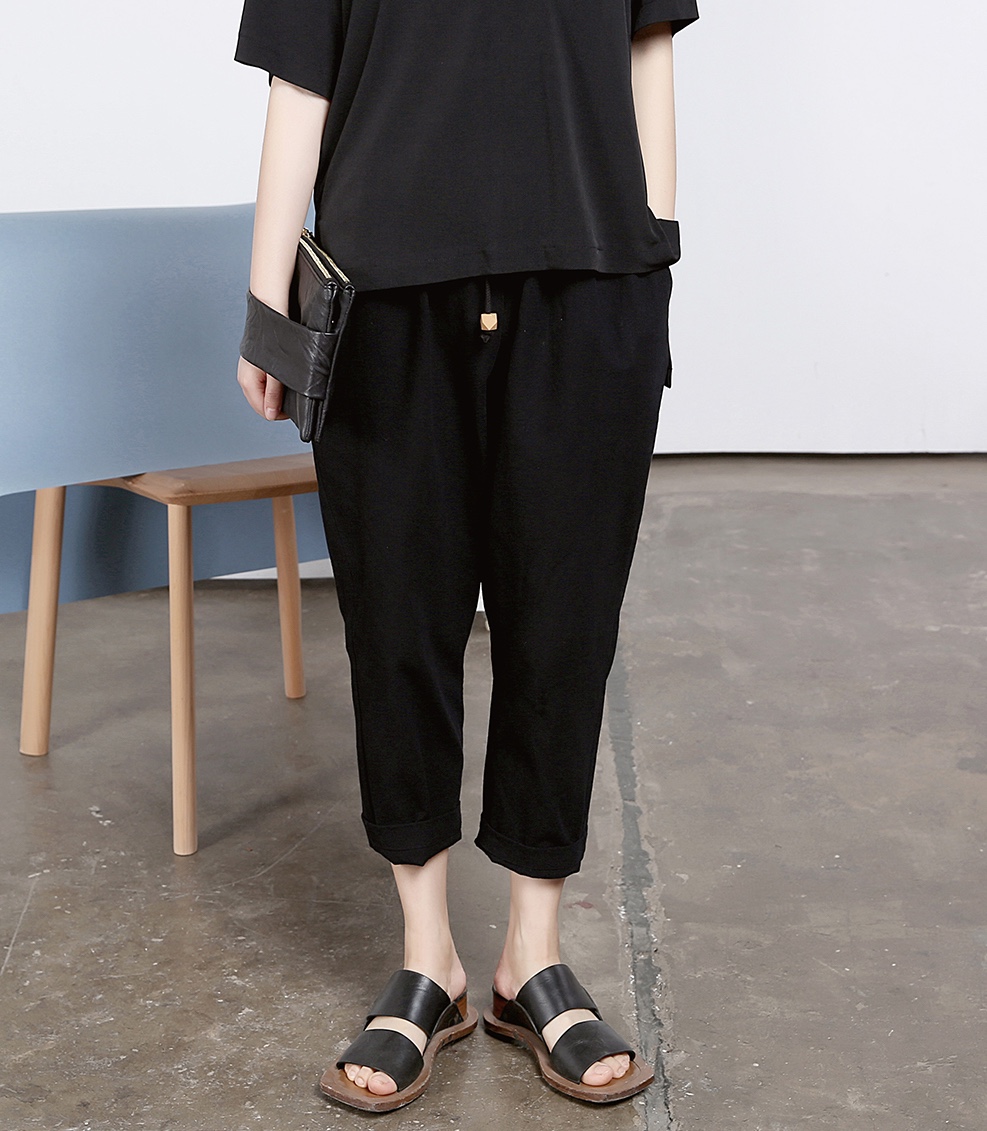 【大人気♪S/M/Lサイズ選べる♪50回以上の再販】100％綿リネンの8分丈サルエルイージーパンツ（黒）20224