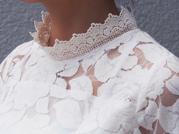【再々~々販】表綿100％裏シルク100%のレースブラウス オフホワイト18009 8枚目の画像