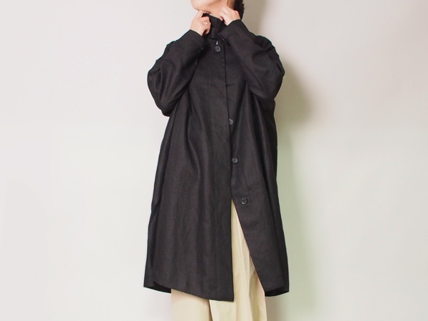 【今月限定特別価格再販】上質麻100% シャツカラーのボリューミーコート /黒18024