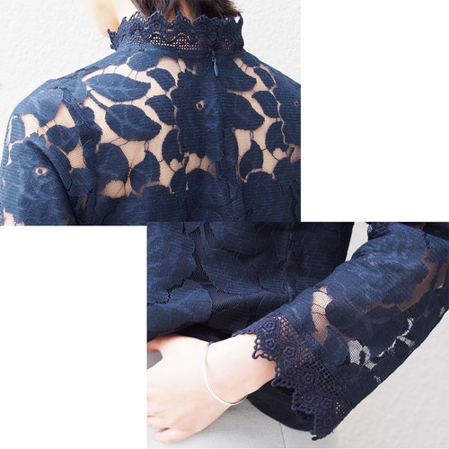 今なら即納可能♪再々〜々々販♪綿100％のレースブラウス 紺ネイビー