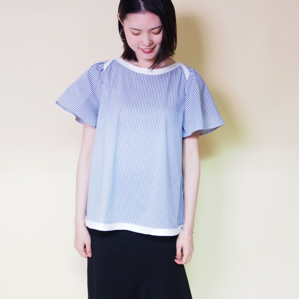 【送料無料再販】ボーダー柄 綿100 フレア袖のブラウス18031