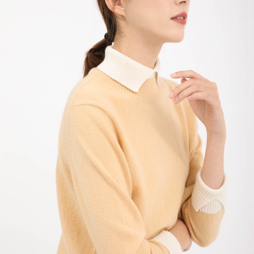 再販】上質なカシミヤ100％ 襟付き バイカラーニットイエローベージュ