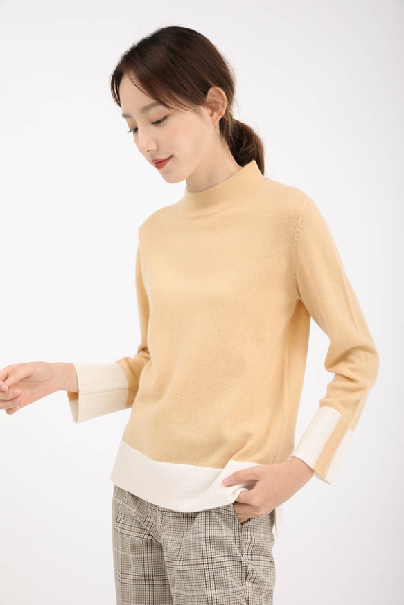 JUN & ROPE レディース バイカラー 長袖 ニット イエロー ベージュ 再販】上質なカシミヤ100％ スタンドネック バイカラーニット