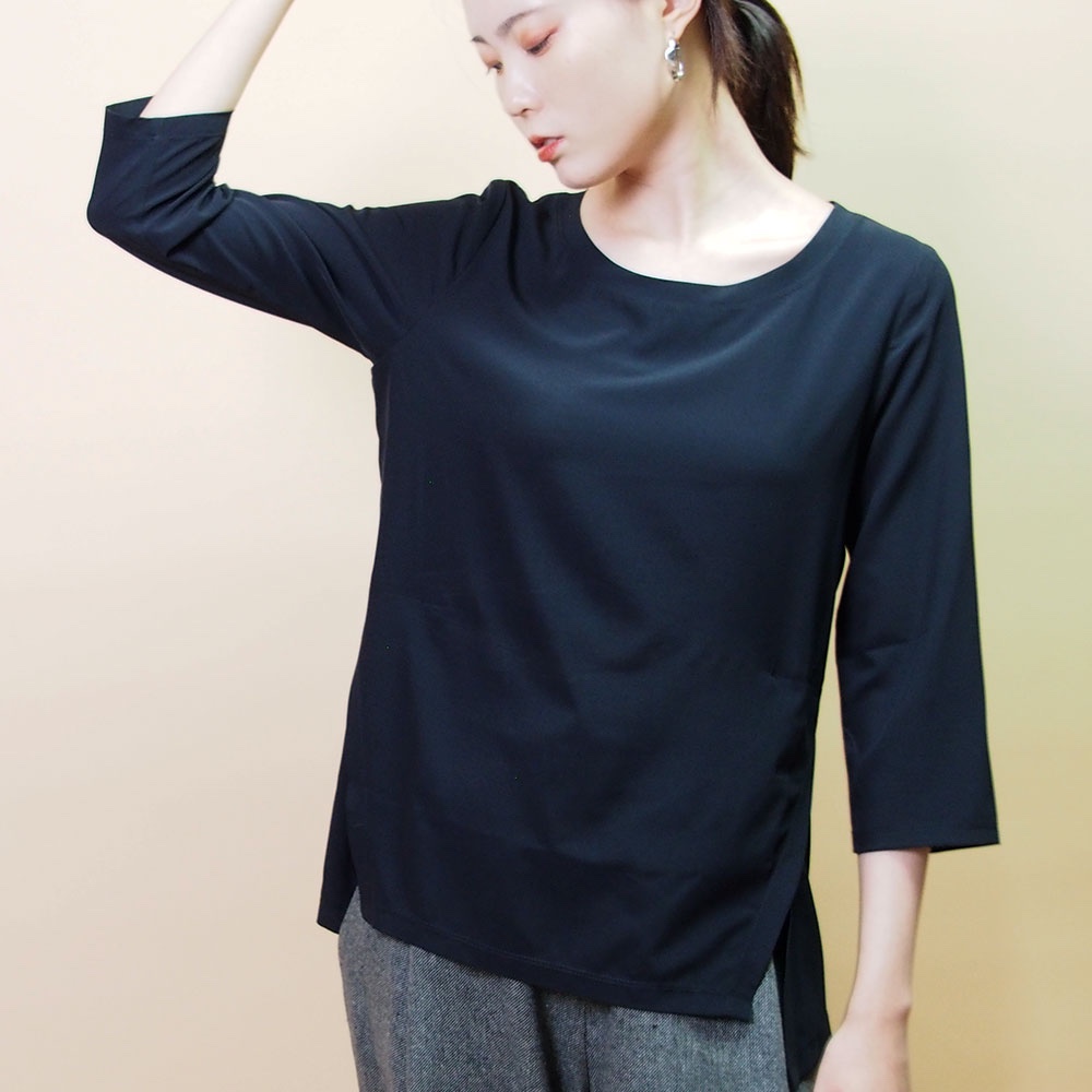 シックで着心地抜群！伸縮性のある切り替えブラウス19001紺ネイビー