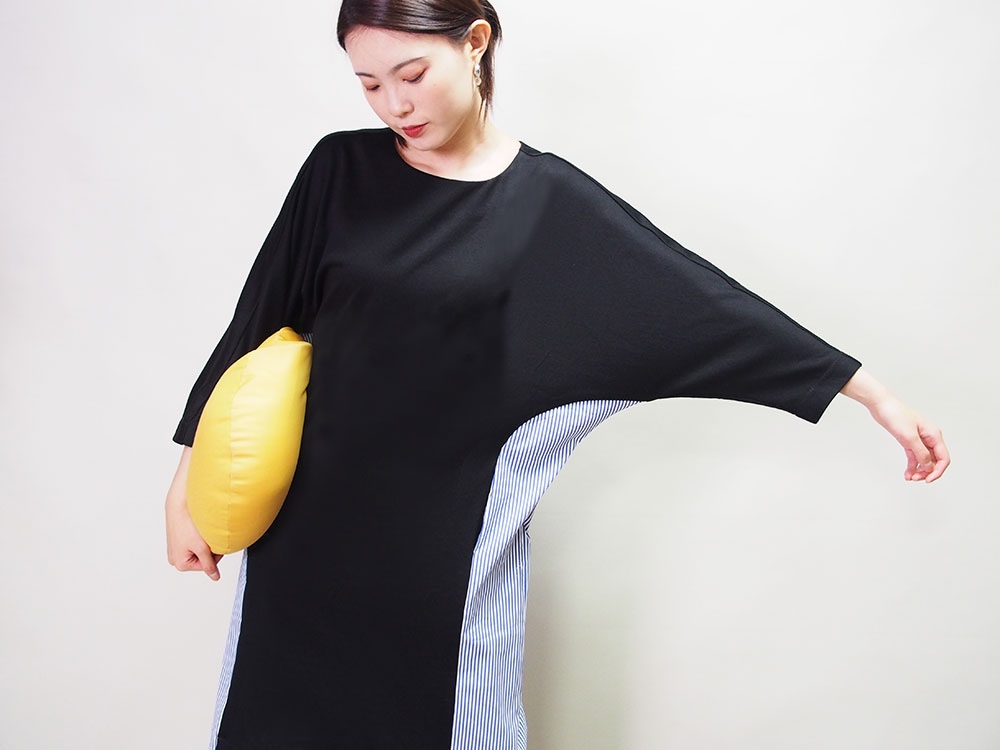 【新作再販】ドルマンスリーブ 異素材ワンピース19022（ブラック）