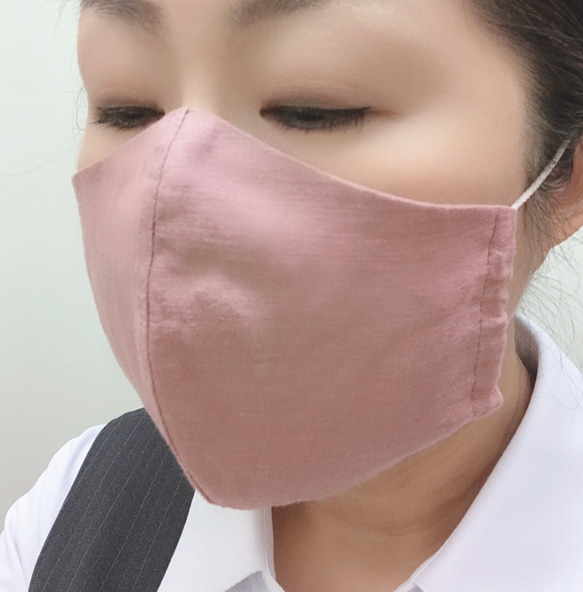【送料無料】リネン＆コットンガーゼ立体マスク　無地・ピンク 5枚目の画像